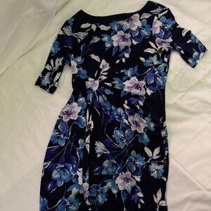 Elegant Blue Floral Sheath Dress – 3/4 Sleeve Ruched Waist